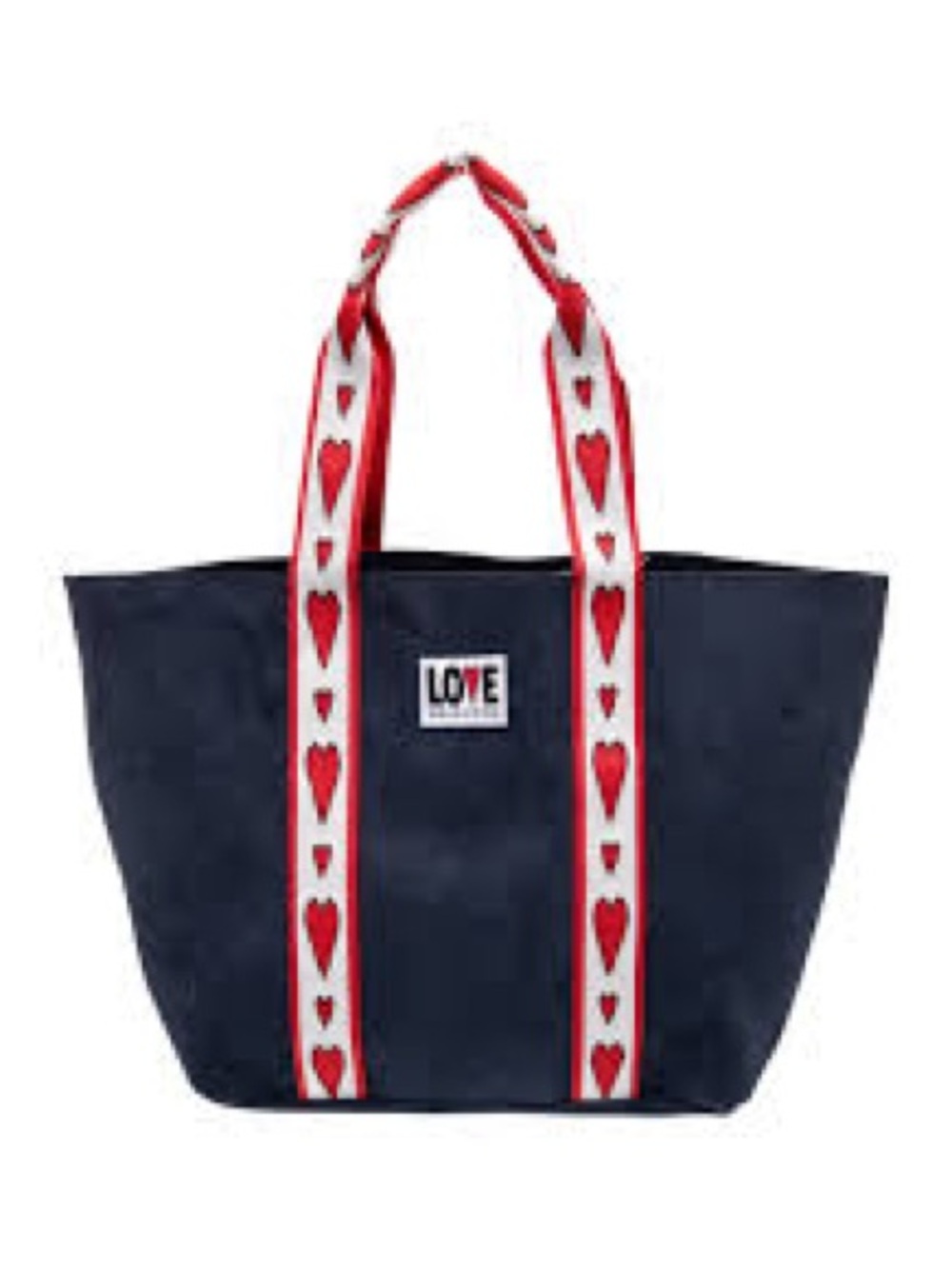 Brighton Velveteen Navy Blue Love Tote with red-and-white heart-patterned handle